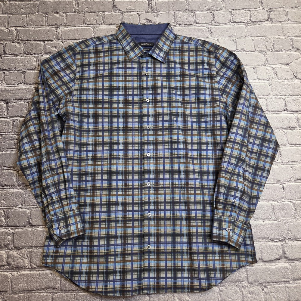 Bugatchi Uomo Button Down Shirt Men's XL Plaid Check Long Sleeve